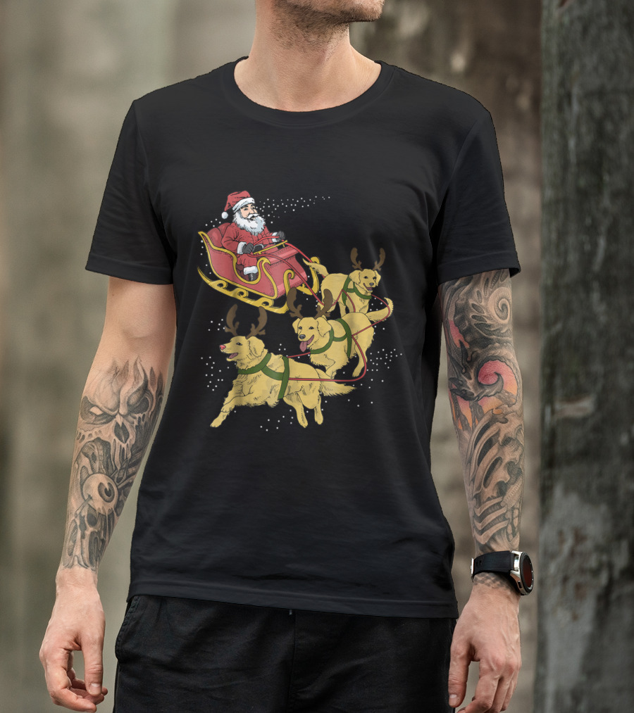 Santa's Sleigh Pulled By Festive Golden Retrievers T-Shirt