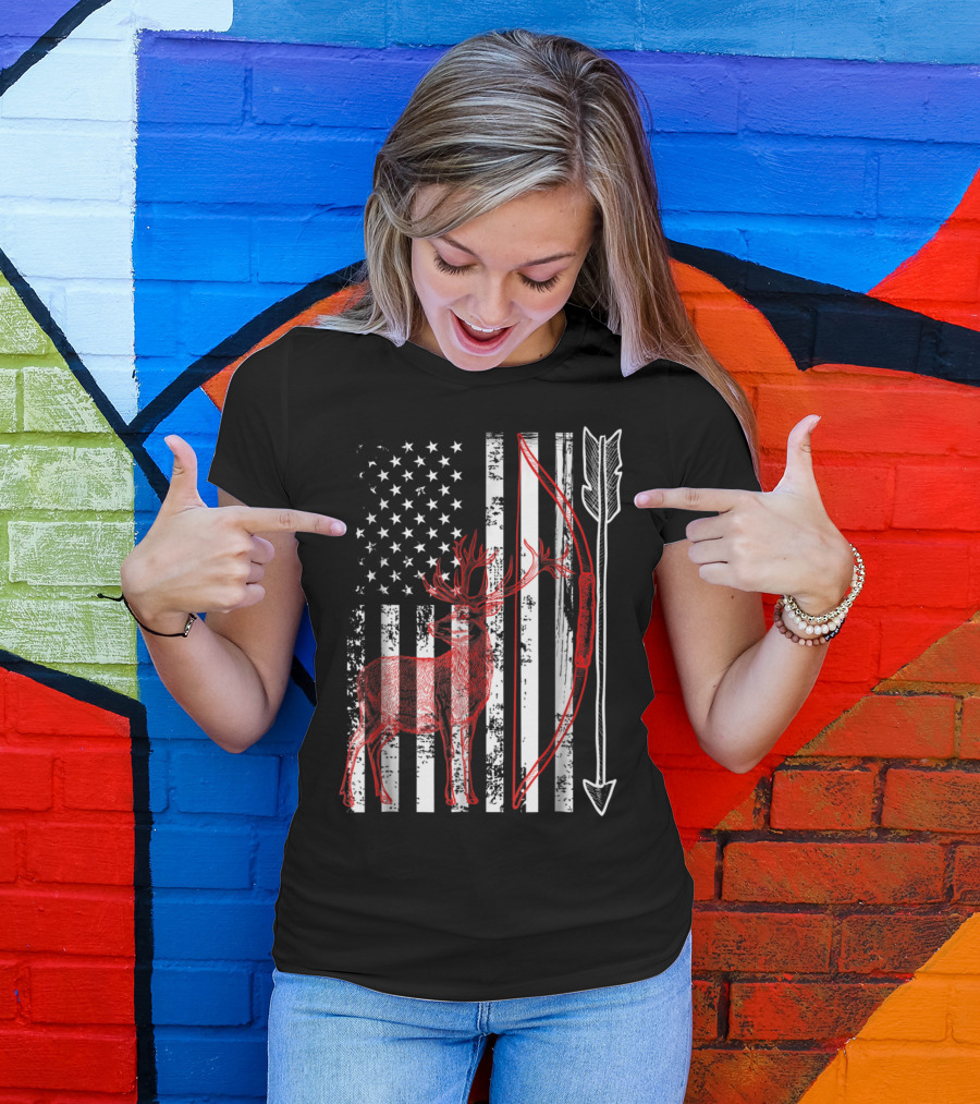Patriotic Crossbow Hunting American Flag Deer T-Shirt