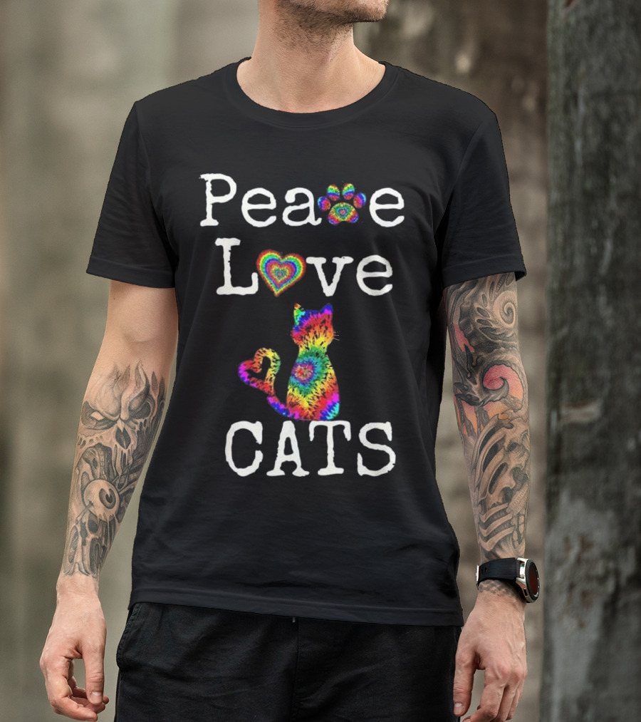 Peace Love Cats Tie Dye Style Cat With Heart And Paw Symbols T-Shirt