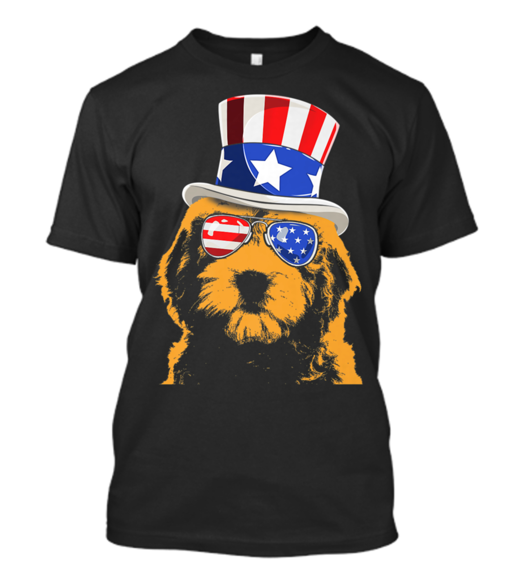 Goldendoodle In Patriotic American Flag Sunglasses And Uncle Sam Hat T-Shirt