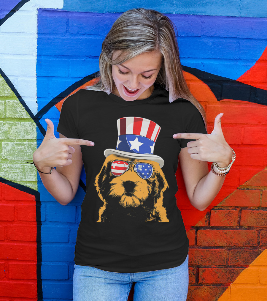 Goldendoodle In Patriotic American Flag Sunglasses And Uncle Sam Hat T-Shirt