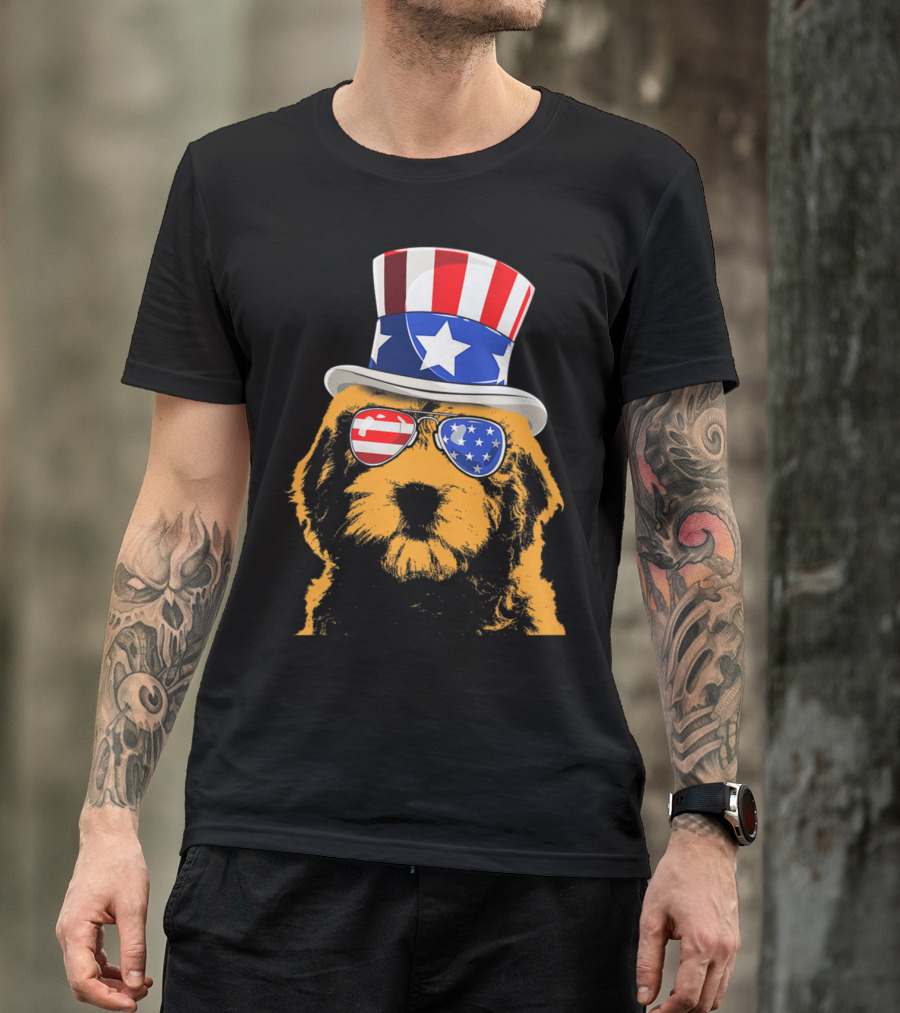 Goldendoodle In Patriotic American Flag Sunglasses And Uncle Sam Hat T-Shirt