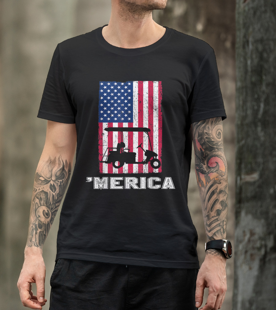 'Merica Golf Cart Silhouette Overlaid On Vintage American Flag With Patriotic 4th Of July T-Shirt