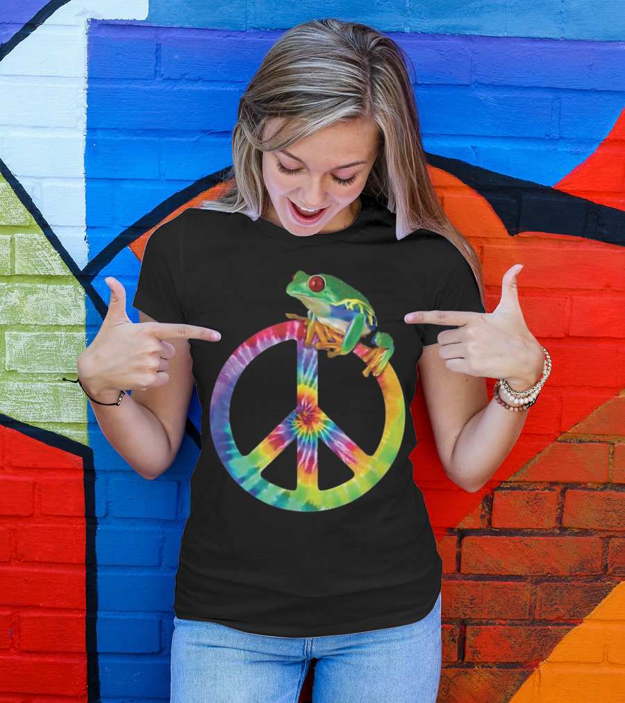 Tie Dye Peace Sign With Colorful Tree Frog T-Shirt