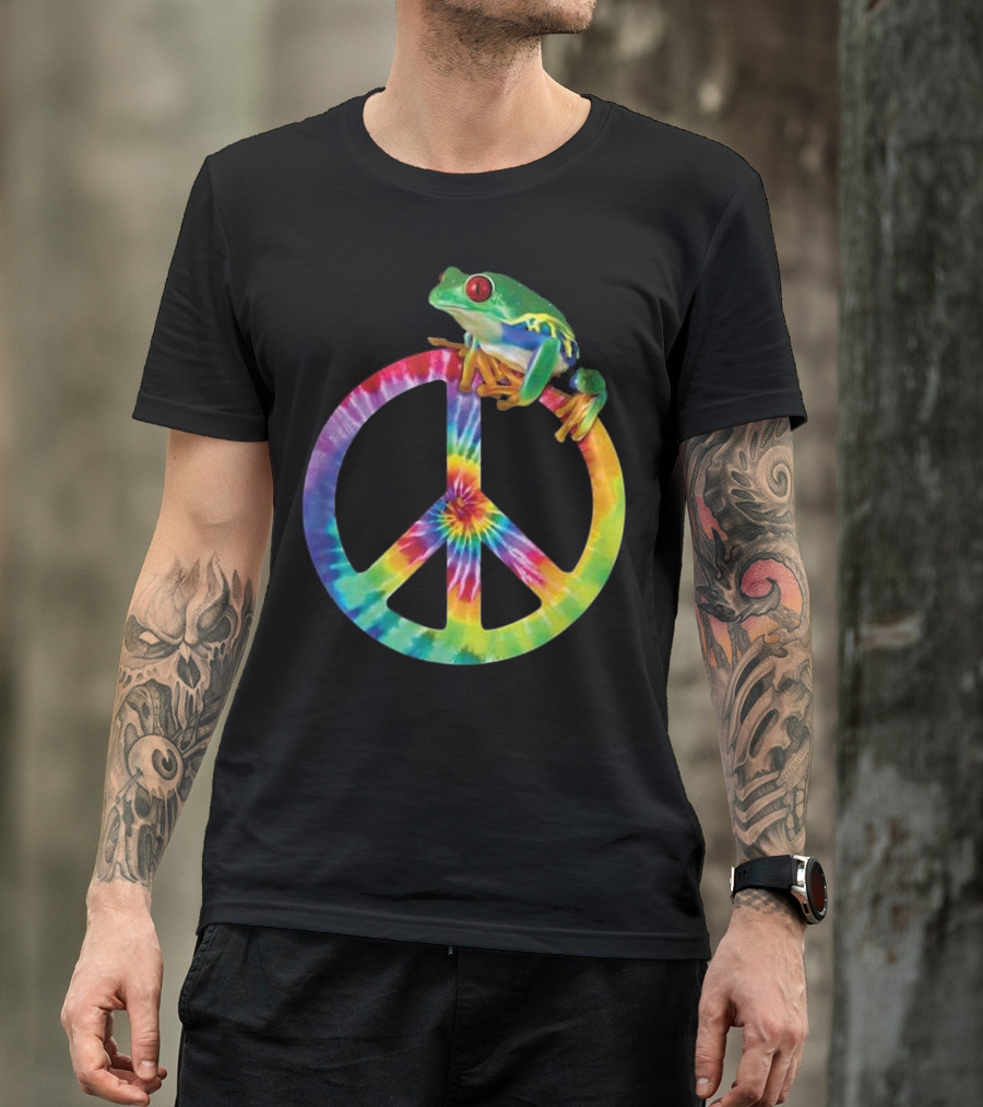 Tie Dye Peace Sign With Colorful Tree Frog T-Shirt