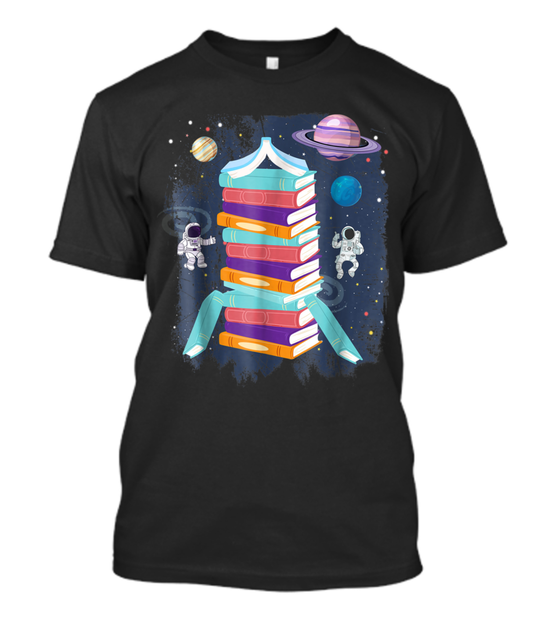 Astronauts Exploring Rocketship Of Books In Cosmic Science Adventure T-Shirt
