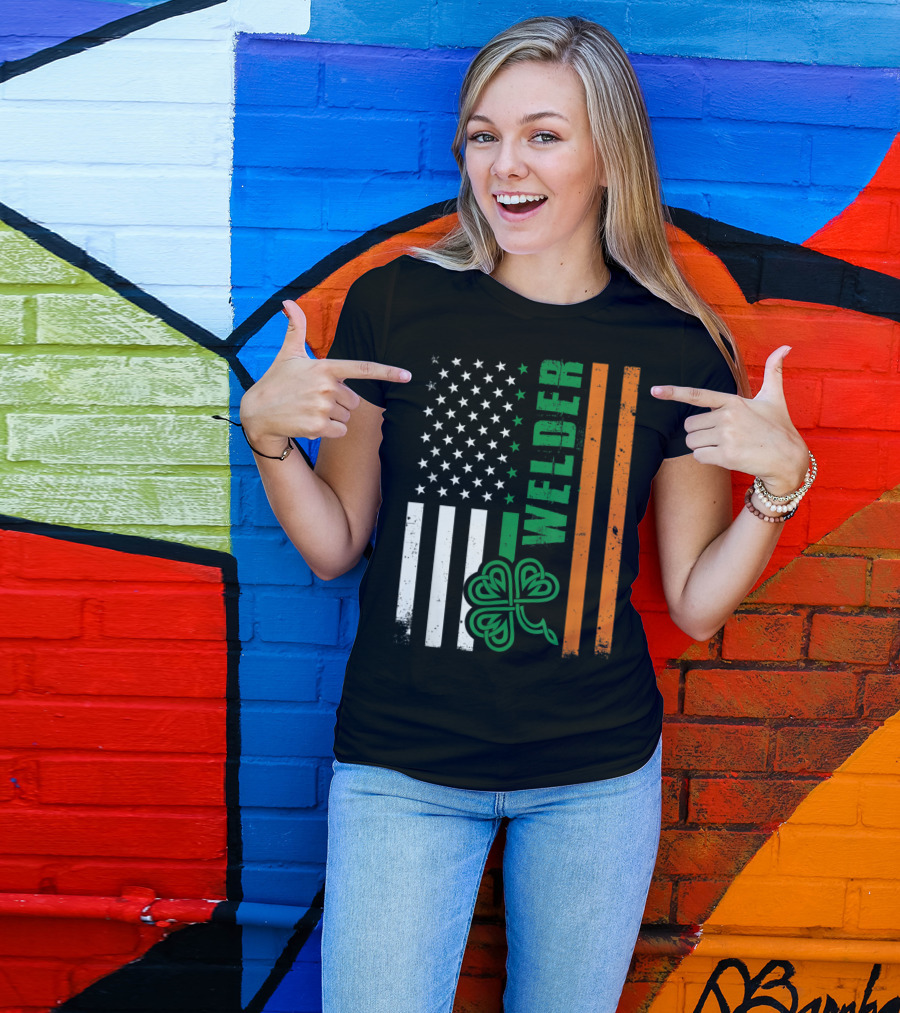 Welder American Ireland Flag With Shamrock T-Shirt