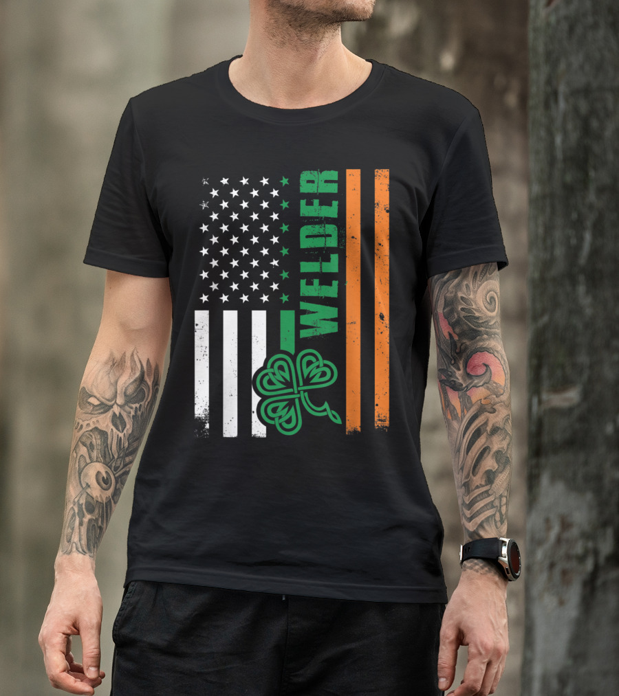 Welder American Ireland Flag With Shamrock T-Shirt