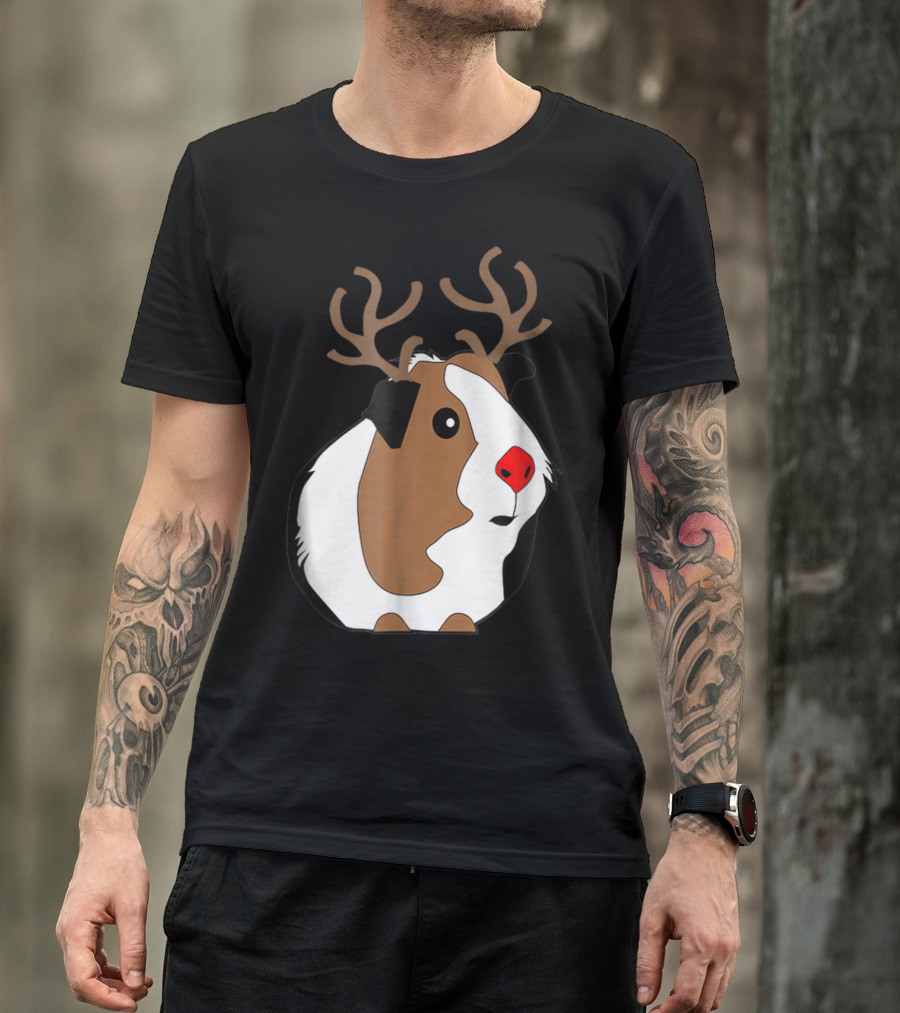 Funny Guinea Pig Xmas With Reindeer Antlers And Rudolph Red Nose T-Shirt