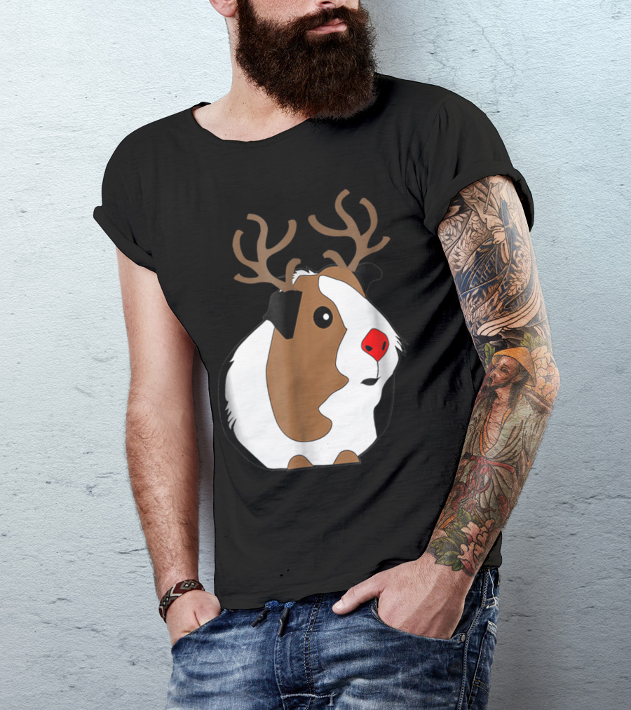 Funny Guinea Pig Xmas With Reindeer Antlers And Rudolph Red Nose T-Shirt
