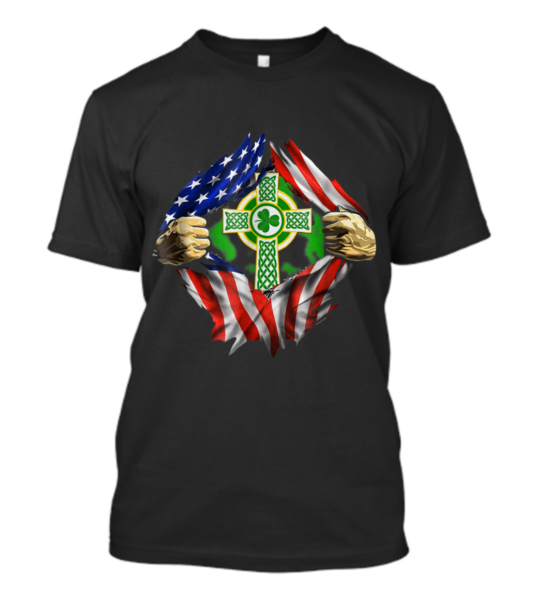American Irish Blood Inside Me With Celtic Cross And Shamrock Surrounded By American Flag Elements T-Shirt