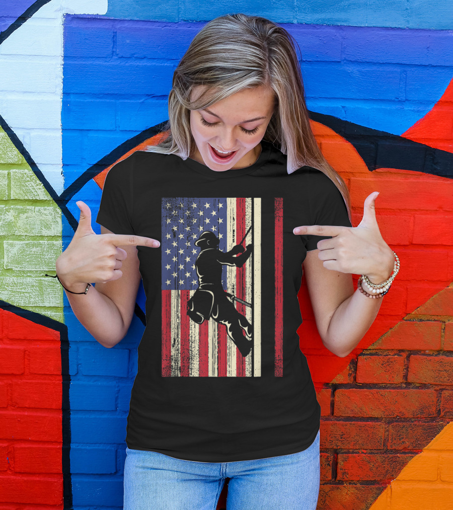 American Lineman Against Flag Background Electrician Cable Wire T-Shirt