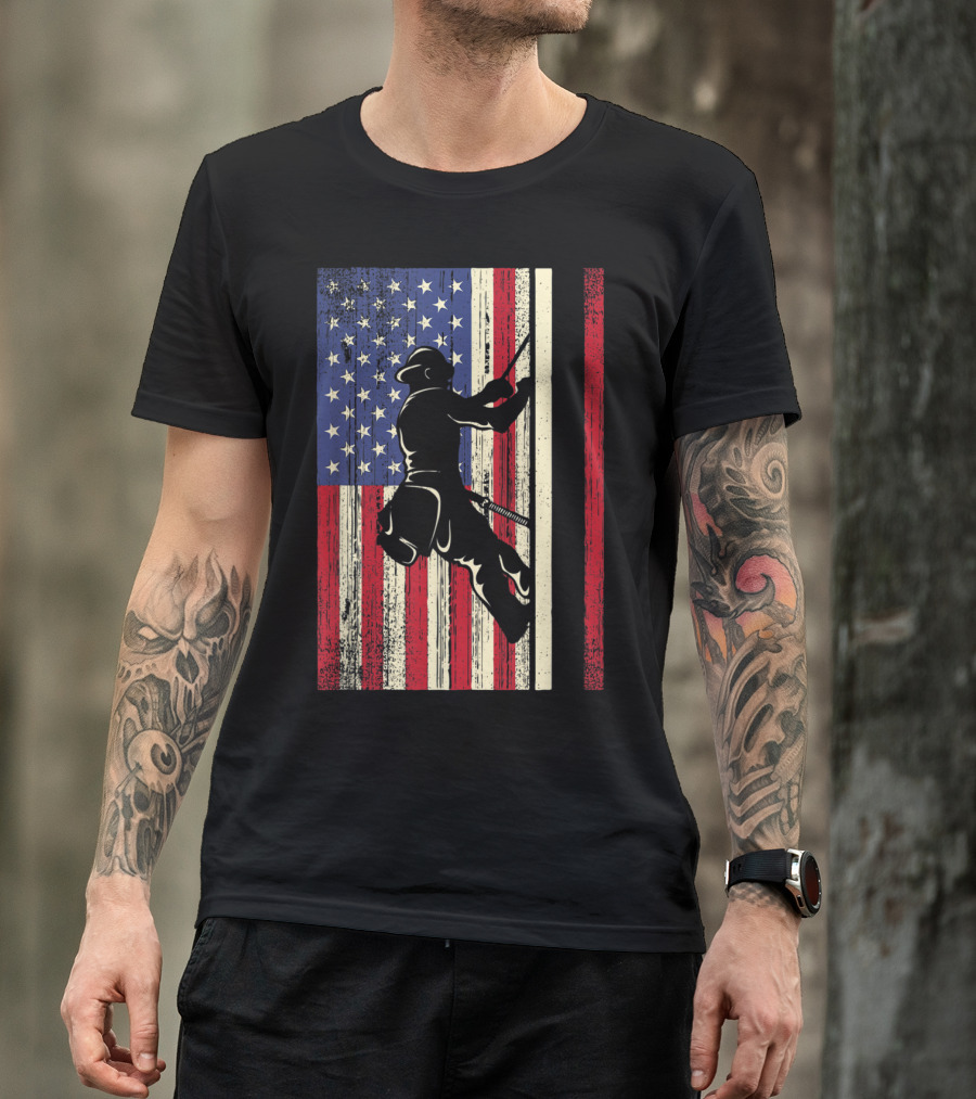 American Lineman Against Flag Background Electrician Cable Wire T-Shirt