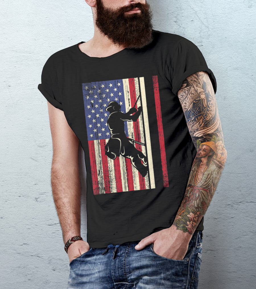 American Lineman Against Flag Background Electrician Cable Wire T-Shirt
