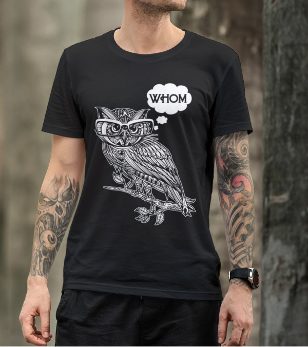 Owl With Glasses Thinking 'Whom' Grammar Bookworm T-Shirt
