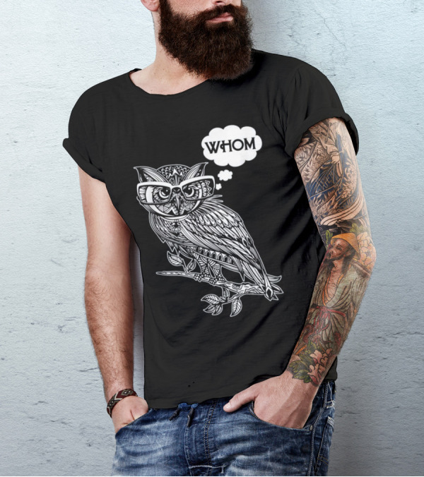 Owl With Glasses Thinking 'Whom' Grammar Bookworm T-Shirt