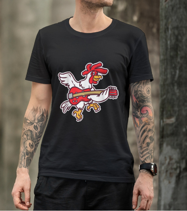 Chicken Playing Red Electric Guitar Cartoon T-Shirt