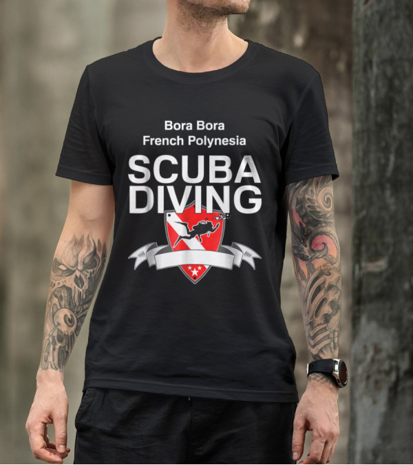 Bora Bora French Polynesia Scuba Diving Red Shield With Diver T-Shirt