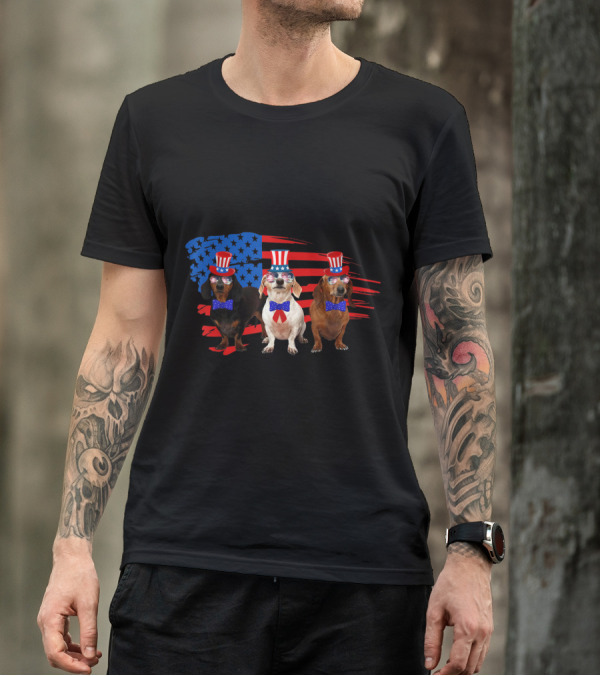 Dachshund Lovers In Patriotic American Flag Style With Uncle Sam Hat T-Shirt
