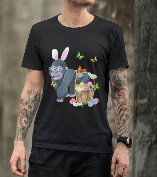 Gorilla With Bunny Ears And Basket Of Easter Eggs Surrounded By Butterflies T-Shirt