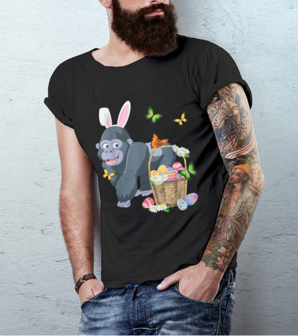Gorilla With Bunny Ears And Basket Of Easter Eggs Surrounded By Butterflies T-Shirt