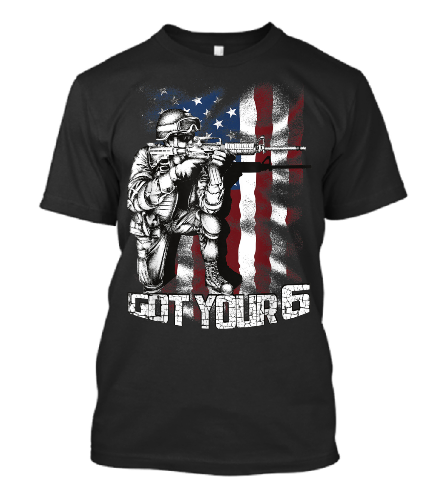 Soldier Got Your Six Kneeling With Rifle On Grunge American Flag Background T-Shirt