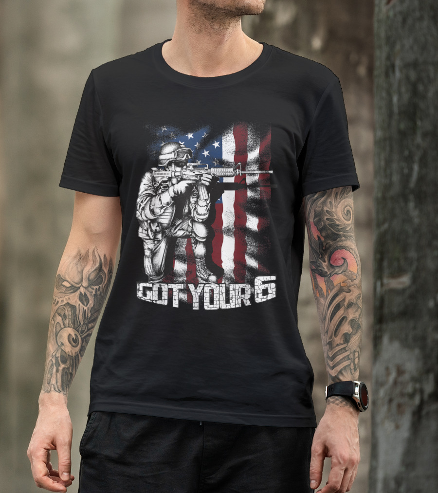 Soldier Got Your Six Kneeling With Rifle On Grunge American Flag Background T-Shirt