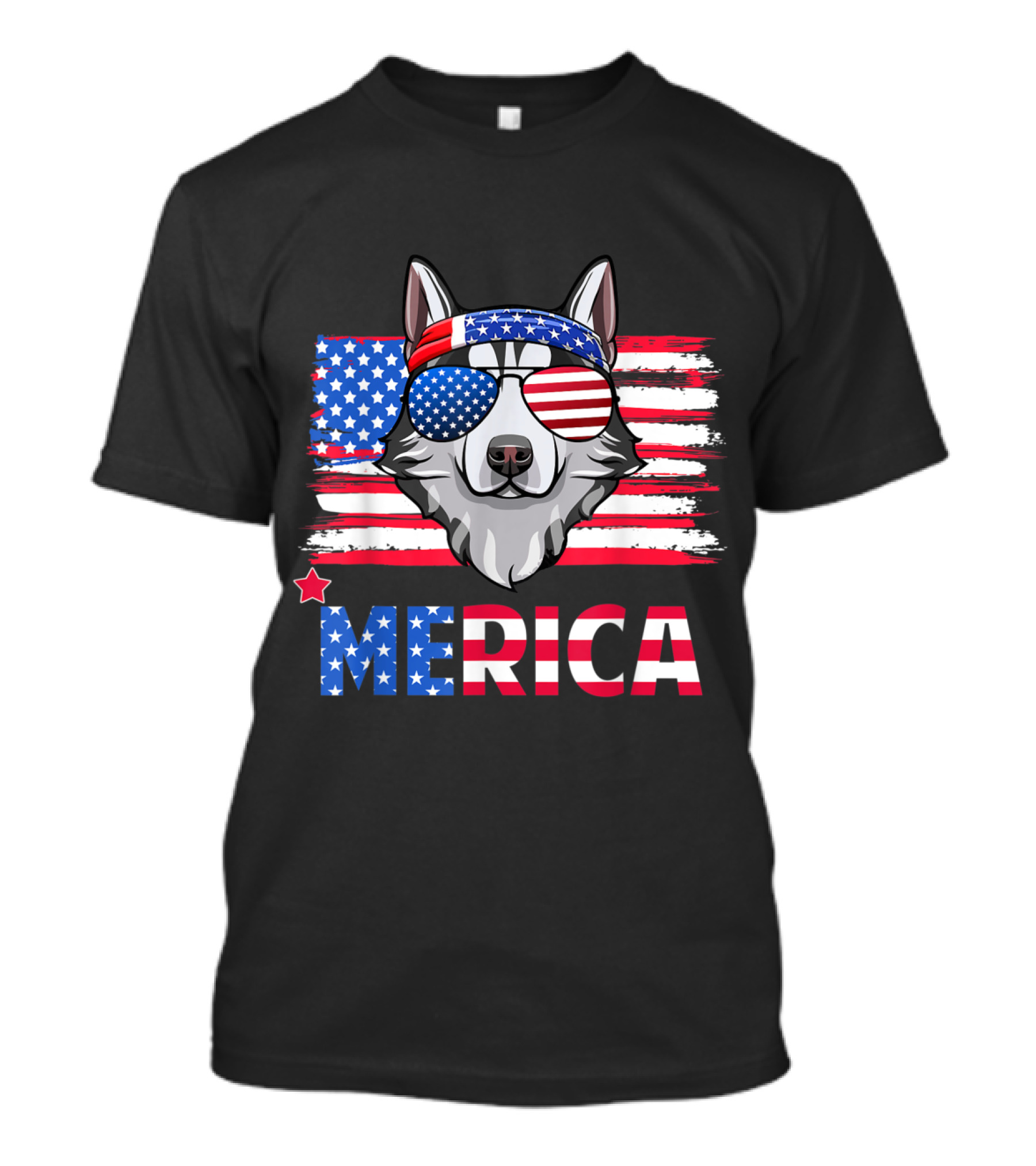 Merica Patriotic Husky With American Flag Sunglasses And Bandana T-Shirt
