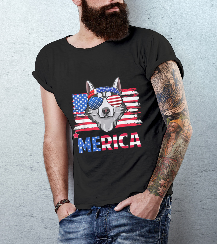 Merica Patriotic Husky With American Flag Sunglasses And Bandana T-Shirt