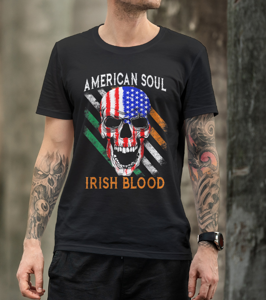 American Soul Irish Blood Skull With American Flag And Irish Stripes T-Shirt