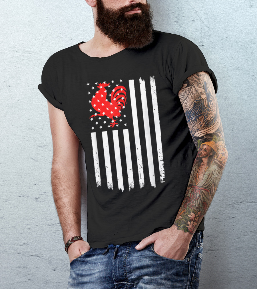 American US Flag With Rooster And Stars Chicken T-Shirt