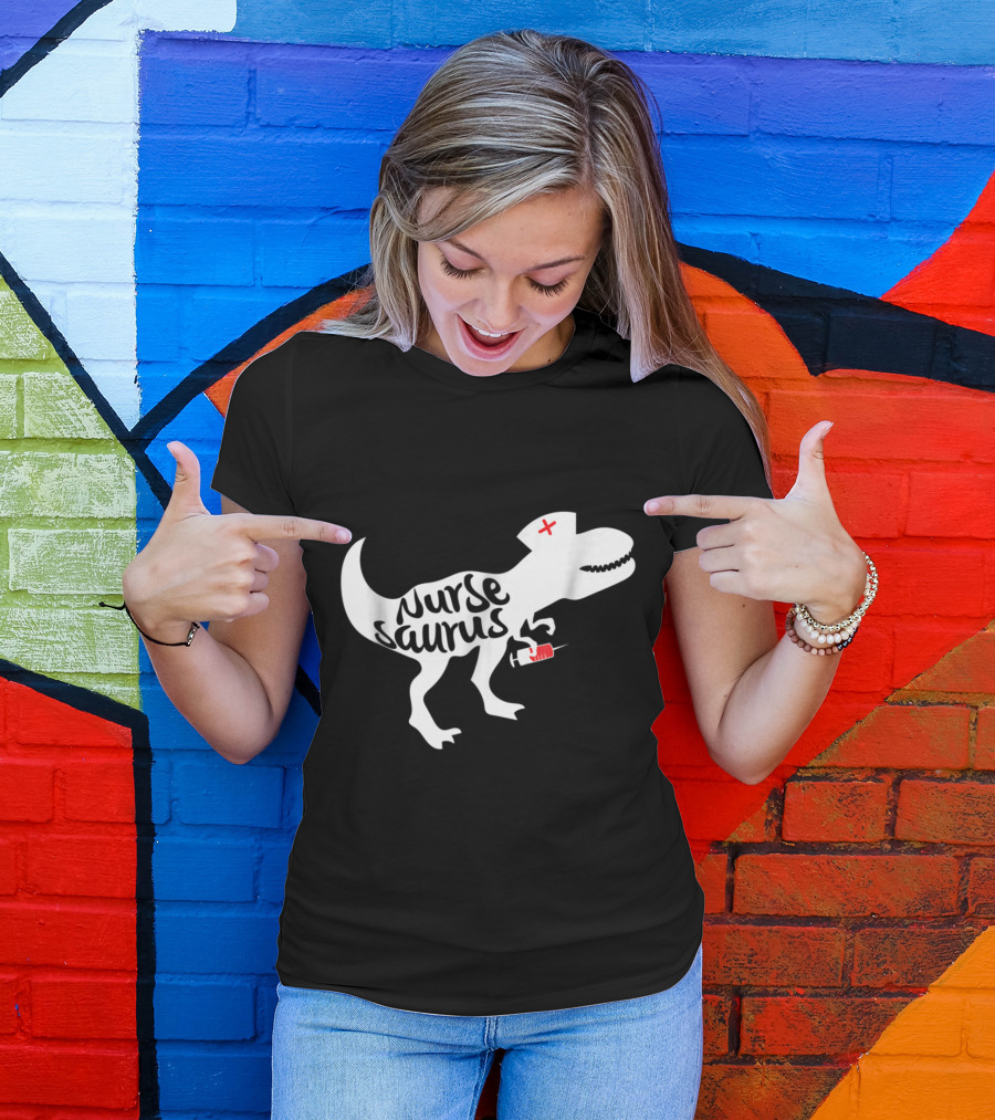 Playful Nursesaurus Dinosaur With Nurse Cap And Syringe T-Shirt