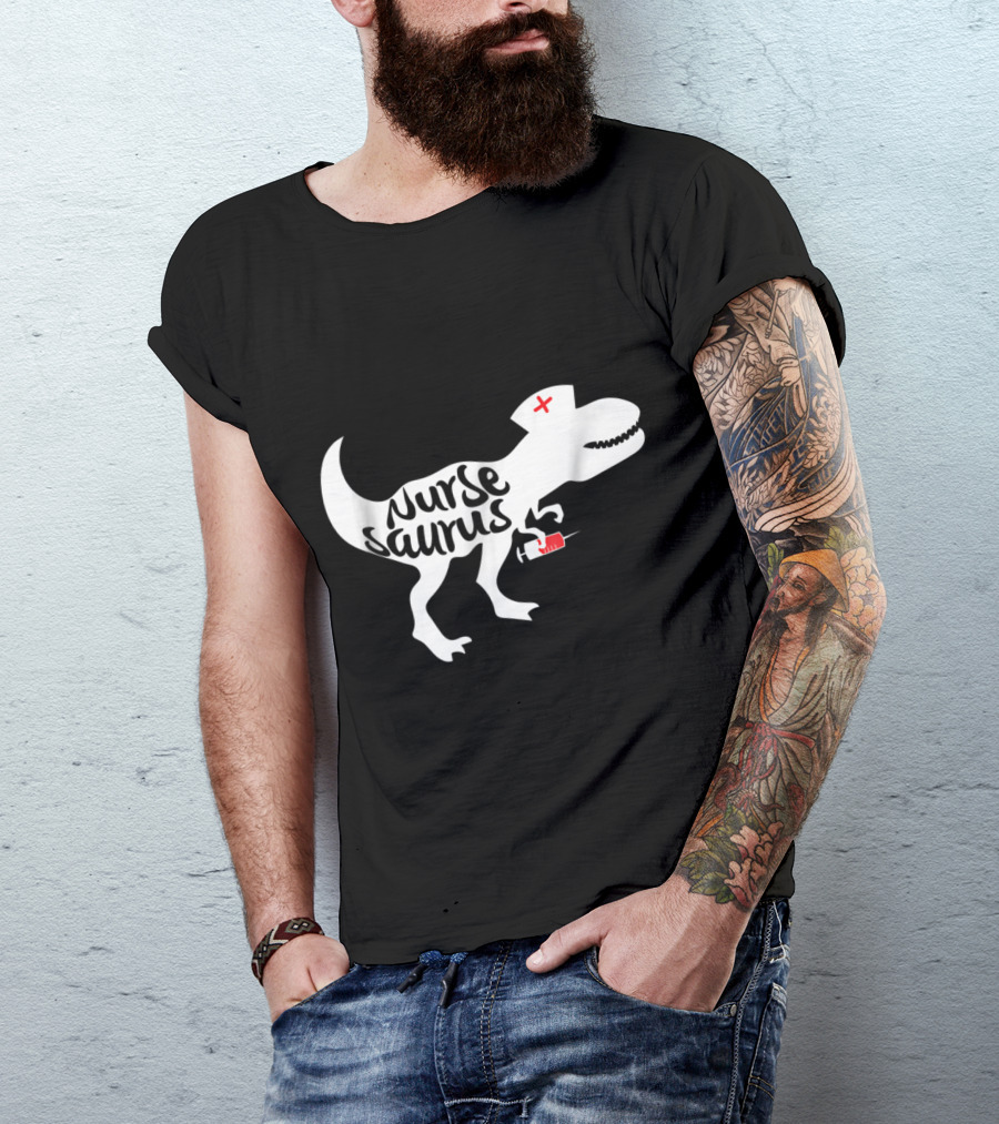 Playful Nursesaurus Dinosaur With Nurse Cap And Syringe T-Shirt