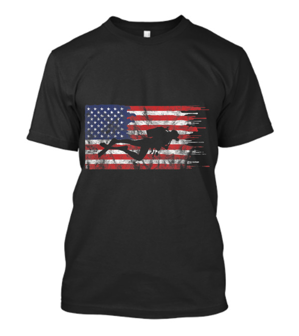 American USA Flag With Scuba Diver Silhouette Ocean T-Shirt