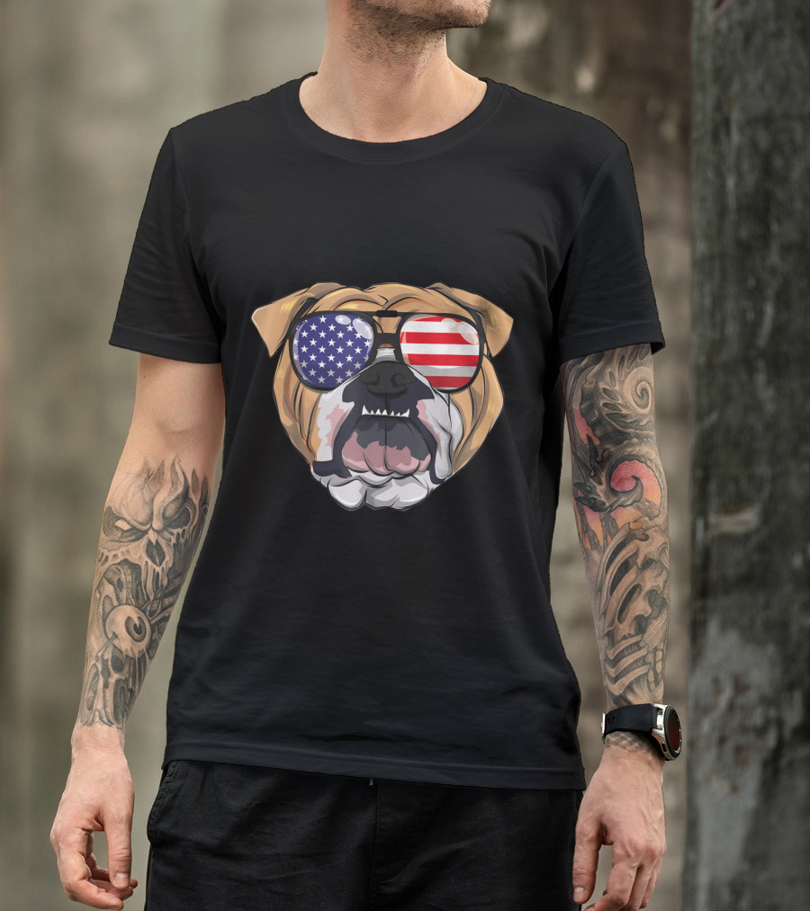 English Bulldog Wearing American Flag Sunglasses Patriotic T-Shirt
