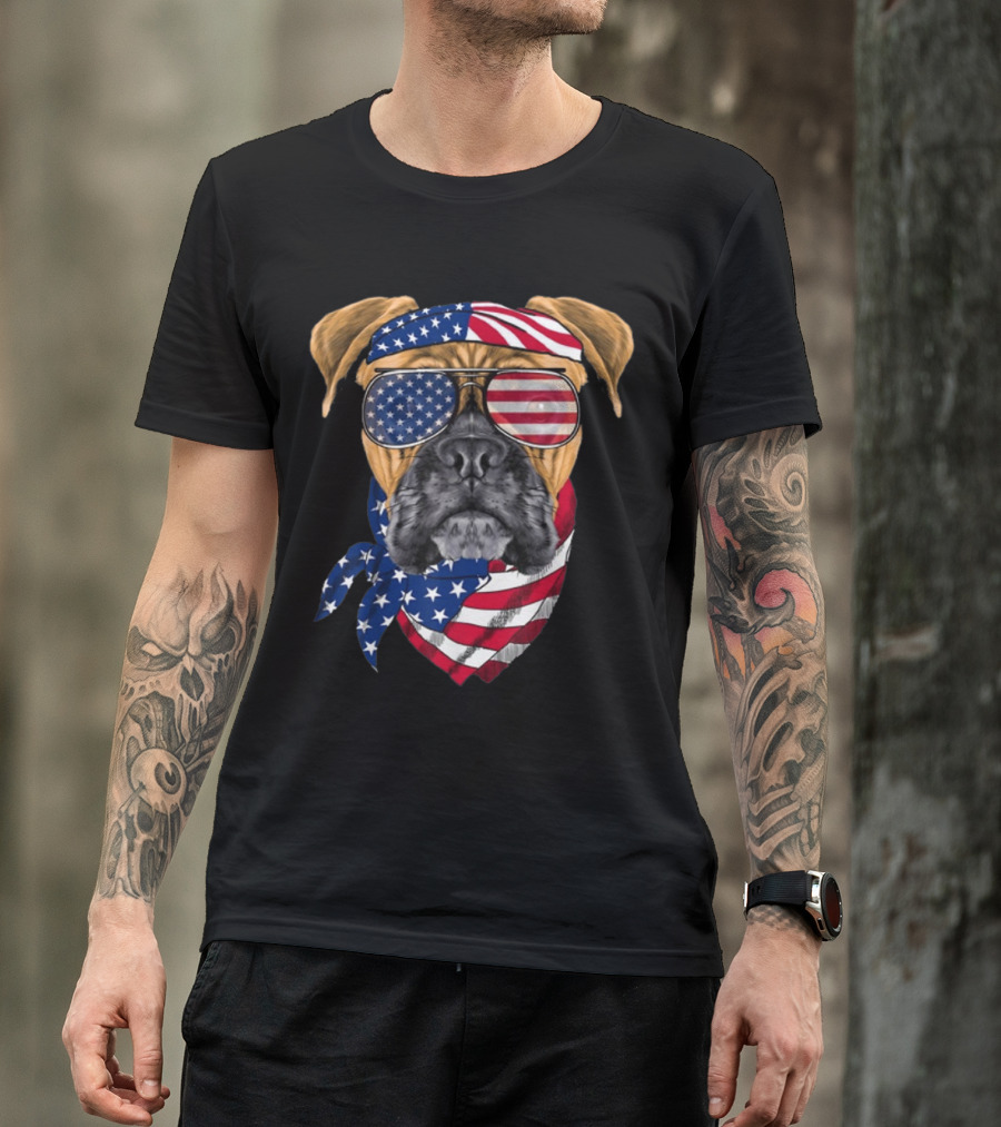 Boxer Dog With American Flag Bandana And Sunglasses For Patriotic Vibe Lovers T-Shirt