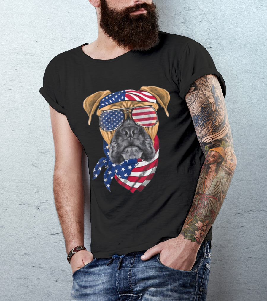 Boxer Dog With American Flag Bandana And Sunglasses For Patriotic Vibe Lovers T-Shirt