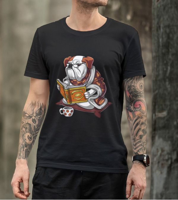 English Bulldog Book Reading Glasses With Polka Dot Mug Cozy Nerd Aesthetic T-Shirt
