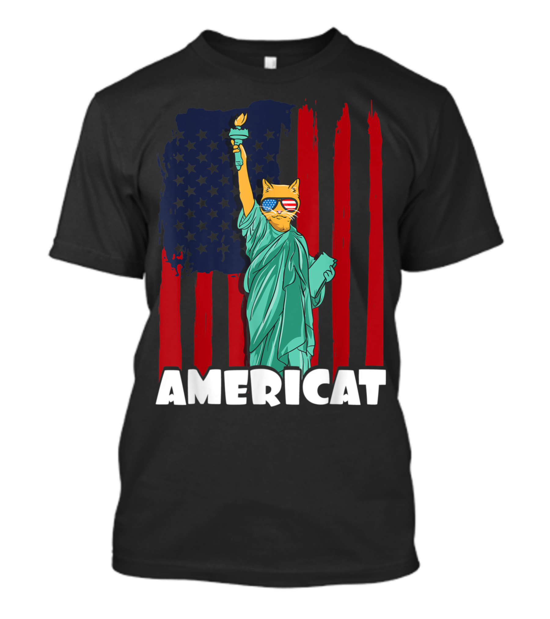 Americat Funny 4th Of July Independence Statue Of Liberty Cat With American Flag And Sunglasses T-Shirt