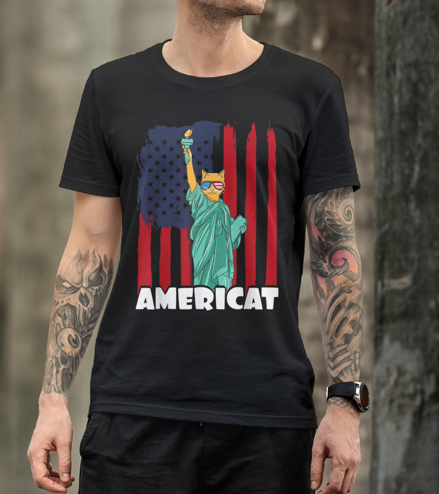 Americat Funny 4th Of July Independence Statue Of Liberty Cat With American Flag And Sunglasses T-Shirt