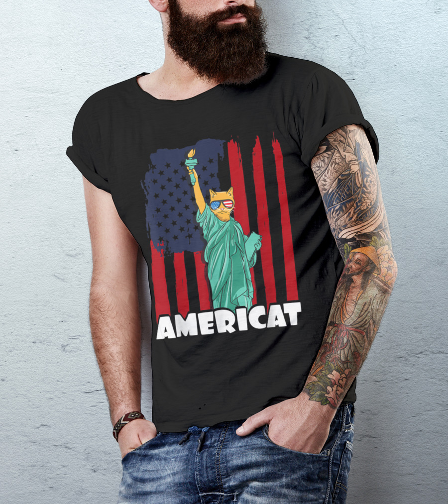 Americat Funny 4th Of July Independence Statue Of Liberty Cat With American Flag And Sunglasses T-Shirt