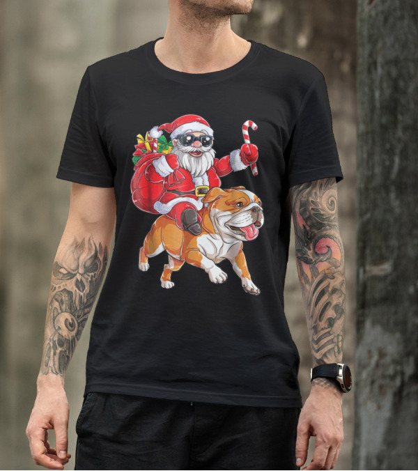 Santa Claus Riding English Bulldog With Candy Cane And Presents T-Shirt