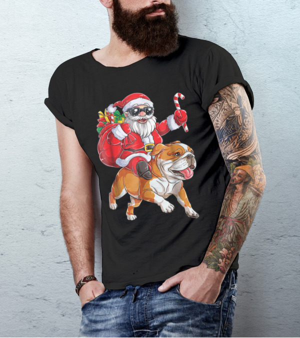 Santa Claus Riding English Bulldog With Candy Cane And Presents T-Shirt