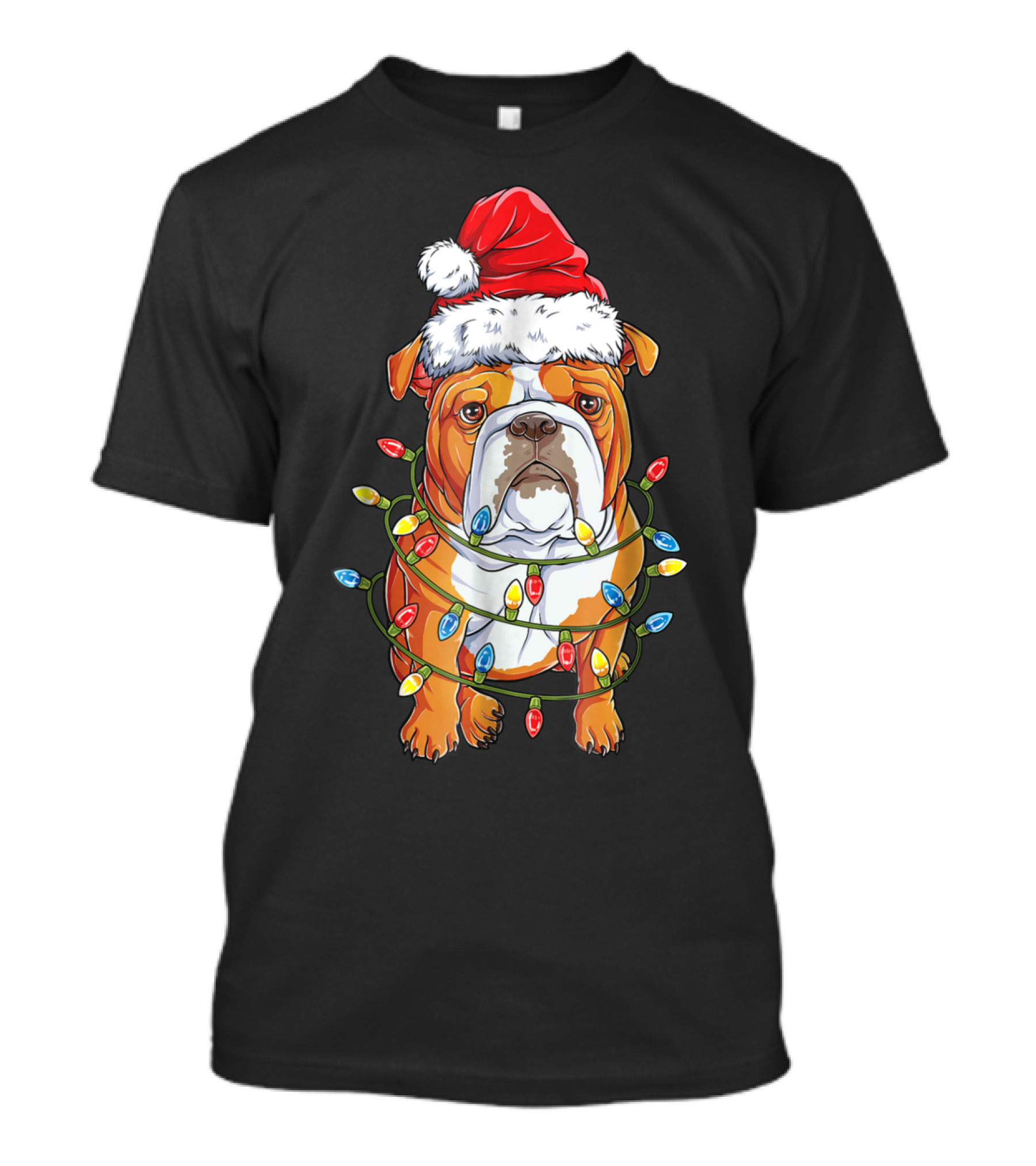 English Bulldog Wrapped In Christmas Lights Wearing Santa Hat T-Shirt
