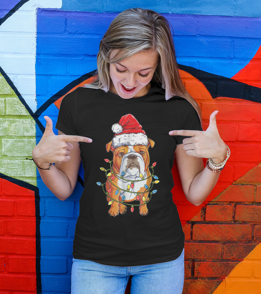 English Bulldog Wrapped In Christmas Lights Wearing Santa Hat T-Shirt