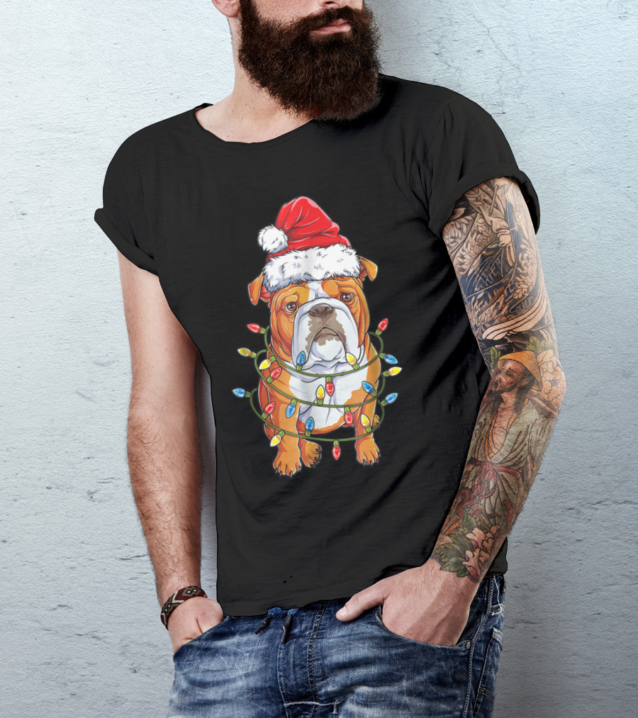 English Bulldog Wrapped In Christmas Lights Wearing Santa Hat T-Shirt