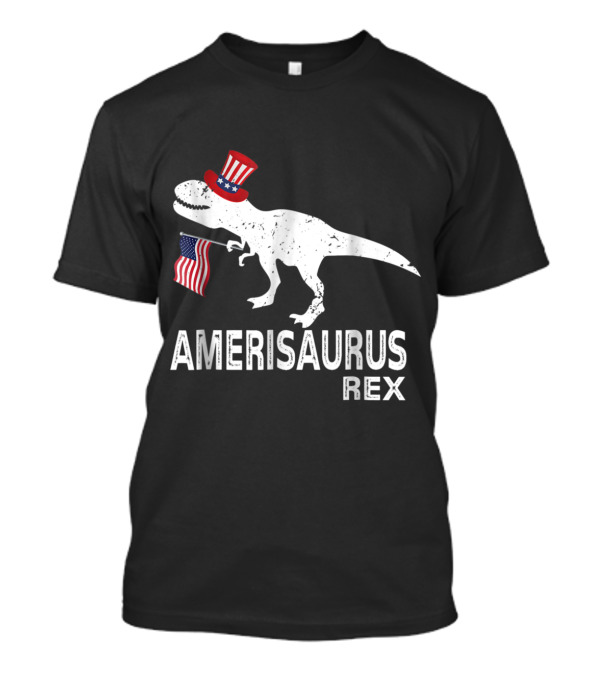 Amerisaurus Rex Dinosaur With Patriotic Hat And Flag T-Shirt