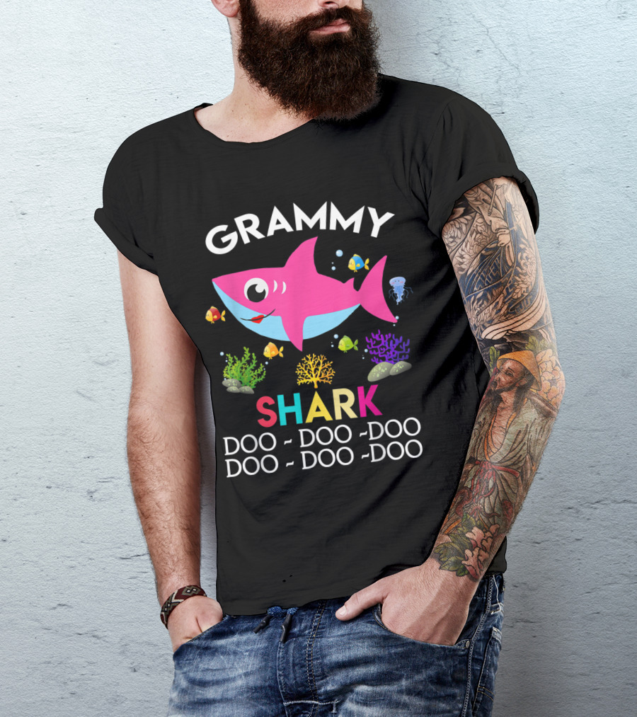 Grammy Shark Doo Doo Doo Pink Shark With Colorful Underwater Fish And Coral T-Shirt