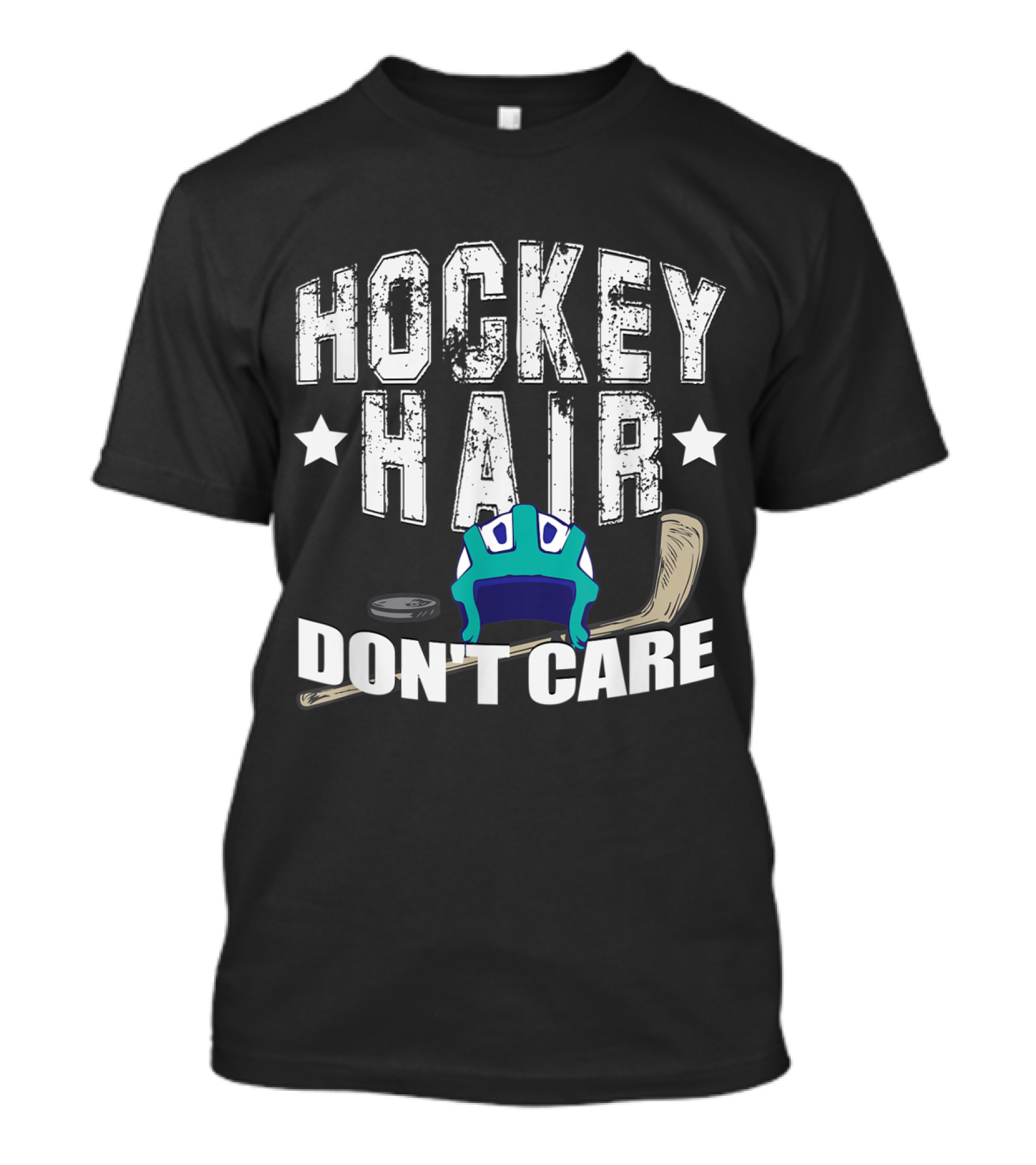 Hockey Hair Don't Care Funny Sports Helmet Puck And Stick T-Shirt