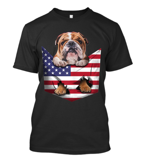 English Bulldog Peeking Out Of American Flag Pocket T-Shirt